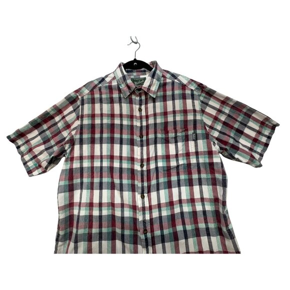 Woolrich Mens Plaid Short Sleeve Button-Up Shirt L Burgendy Green - Picture 4 of 14